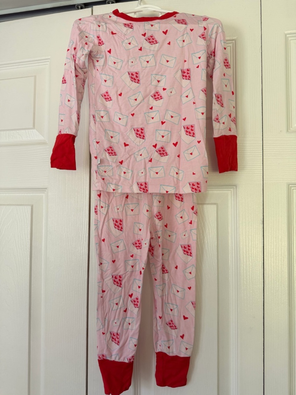 Bamboo Pink Mail-Print Pajama Set with Hearts and Red Trim
